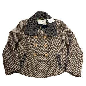 Tabitha Anthropologie Pea Coat Jacket Womens Large Beige Wool Blend Basketweave